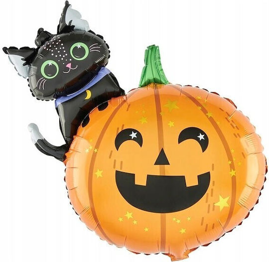 Set 5 Baloane Metalice Folie Figuri Flippy Tematică Halloween Include Pai Ambalaj Individual Umflare Aer Heliu Figurina Dovleac Pisică 84x69 Cm Stele Cercuri 45 Cm Multicolor
