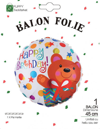 Baloane Metalizate Folie Flippy Mini Rotund Figurină Ursuleț La Mulți Ani Model Tematică Aniversări 45 Cm Ambalaj Individual Paie Inclusă Umflare Aer Heliu Maro