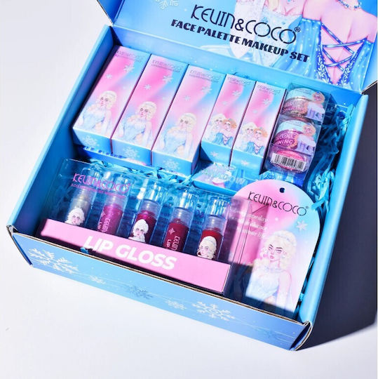 Kevinandcoco Set Machiaj 30 Culori Farduri de Pleoape Iluminatoare Lichide Luciu de Buze Fard de Obraz Sclipici Design Ice Queen 24.5x21.2x8.7 Cm Multicolor