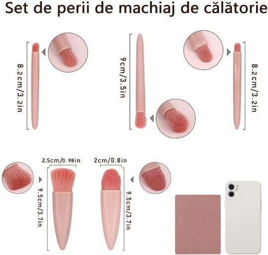 Set 5 Mini Pensule Machiaj Flippy Portabile Într-o Cutie Oglindă Realizate Din Păr Sintetic Moale Roz Pastel 12x7x2.5 Cm