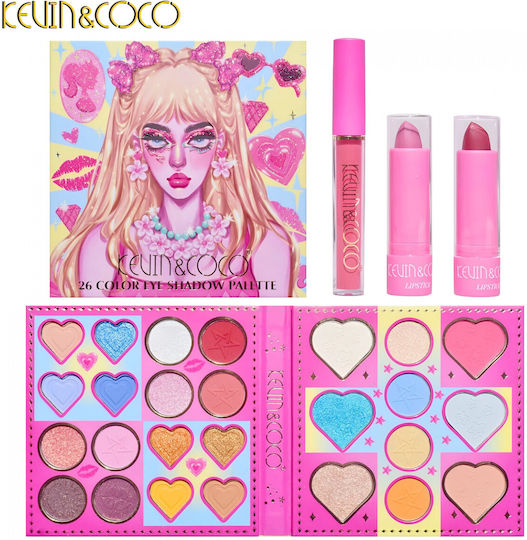 Set Machiaj Kevin Coco 26 Culori Farduri de Pleoape Pigmentate Ruj Gloss Fard de Obraz 19x18x2 Cm Diverse Nuanțe