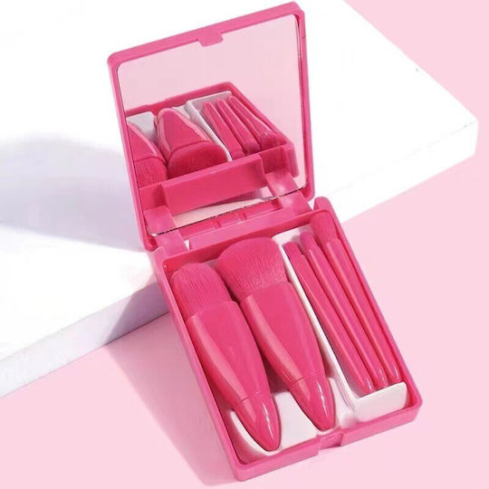 Set 5 Pensule Mini Machiaj Flippy Portabile Într-o Cutie Oglindă Păr Sintetic Moale Fucsia 12x7x2.5 Cm