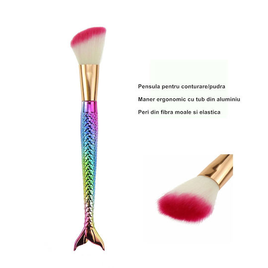 Flippy Set De 3 Pensule Pentru Machiaj În Formă De Sirenă Detalii Fine Electroplacate Mâner Ergonomic Perii Moi Din Fibre Multicolore