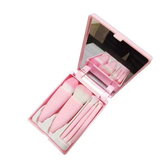 Set 5 Mini Pensule De Machiaj Flippy Portabile În Cutie Oglindă Păr Sintetic Moale Roz 12x7x2.5 Cm