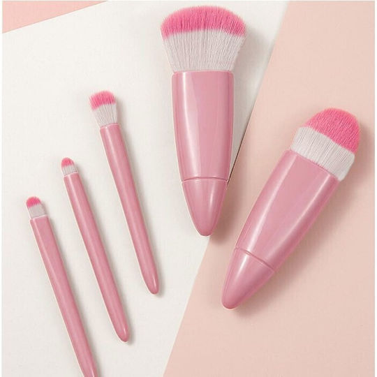 Set 5 Mini Pensule De Machiaj Flippy Portabile În Cutie Oglindă Păr Sintetic Moale Roz 12x7x2.5 Cm