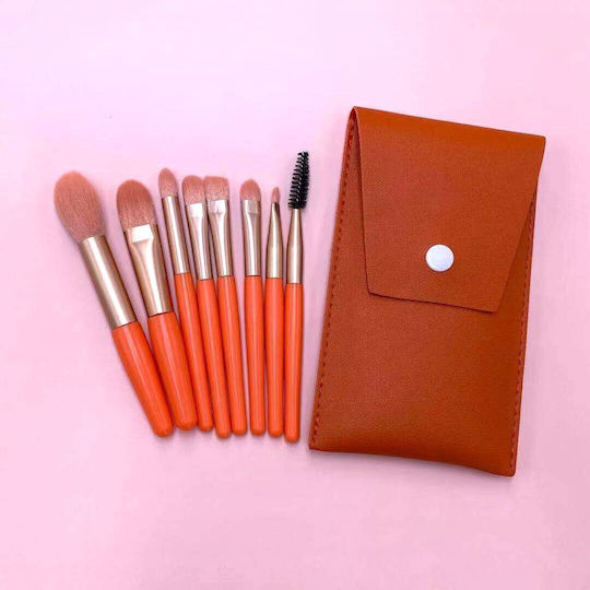 Flippy Mini Portable Set 8 Makeup Brushes Super Soft Professional Beginner Makeup Ergonomic Handle Storage Pouch Included Orange