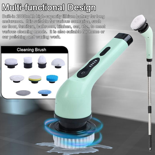 Perie Electrică de Curățare Flippy Tiles Baie Bucătărie 25x20x9,5 Cm 9 Capete Detașabile Mâner Telescopic 84-127cm Încărcare Usb-tip C Rotire 360 Grade 3000 mAh Culoare Verde