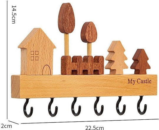 Wall Key Box Wooden 6 Hooks 14.5x2x22.5cm