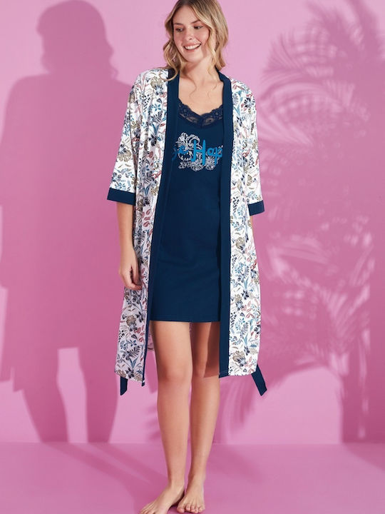 Modalove Winter Damen Robe mit Nachthemd Dark Blue