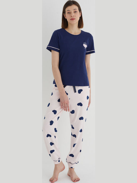Καλοκαιρινό Γυναικείο Σετ Πιτζάμας Βαμβακερό Σκούρο Μπλέ