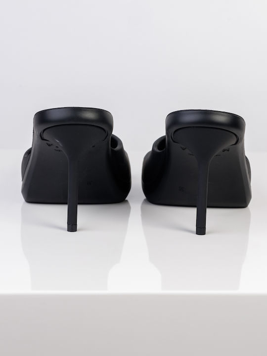 Leather Mules with Thin High Heel in Black Color