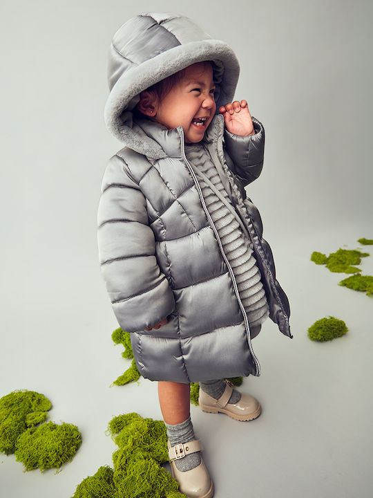 Kids' Quilted Jacket Long with Hood Grey Silver