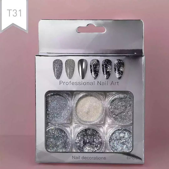Vicky Nail Διακοσμητική Σκόνη Glitter Νυχιών Ασημί 6 Τμχ X 0,8γρ & 6 X Διπλά Πινελάκια Εφαρμογής