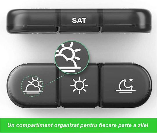 Cutie de Depozitare Medicamente Flippy 7 Zile 21 Compartimente Cutie Suport Containere Detasabile Portabilă Compartimente Negre Cutie Transparentă 15.6x12 Cm
