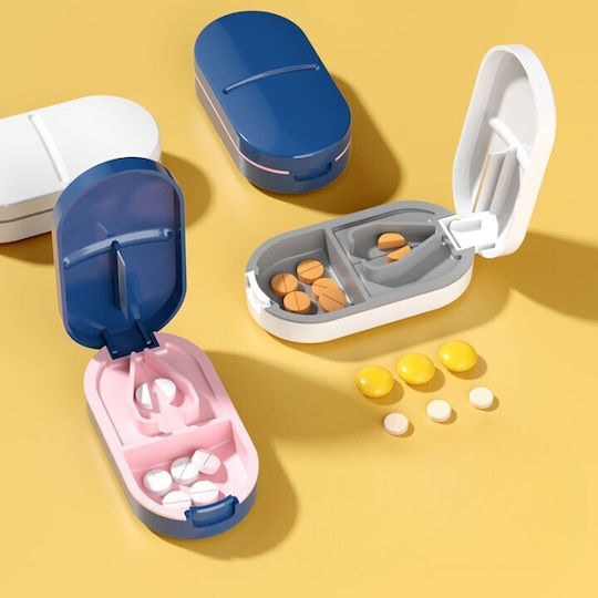 Organizator de Medicamente Flippy Dispozitiv de Tăiere și Zdrobire a Pastilelor Ideal pentru Călătorii Portabil Perie de Curățare Compartiment de Depozitare 8.5x4.5x2.5 cm Albastru