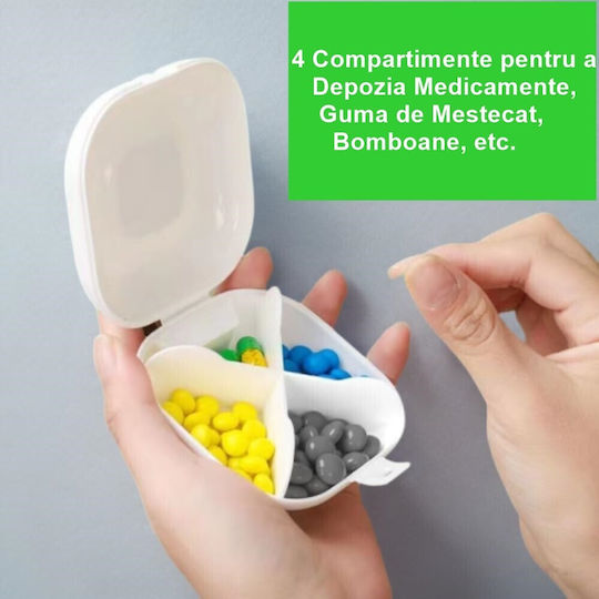Cutie Pentru Depozitarea Medicamentelor Flippy 4 Compartimente Închidere Etanșă Portabilă Pătrată Alb Gri Pp 7.6x2.9x7.8 Cm