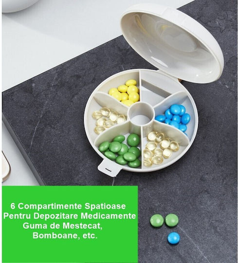Cutie Pentru Depozitarea Medicamentelor Flippy 6 Compartimente Închidere Etanșă Portabilă Rotundă Alb Gri Pp 8.4x2.9x8.5 Cm