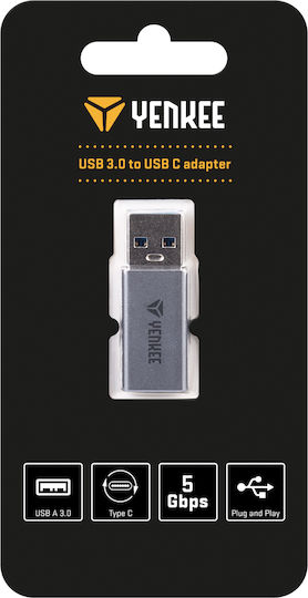 Yenkee Конвертор USB-A Мъжки в USB-C Женски Сив 1 Брой YTC 020