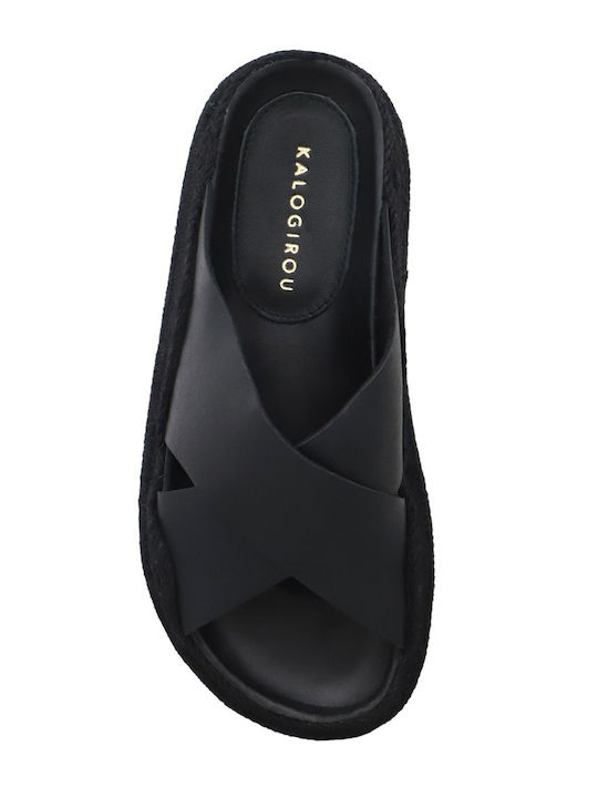 Leather Women's Flat Sandals Flatforms in Black Color