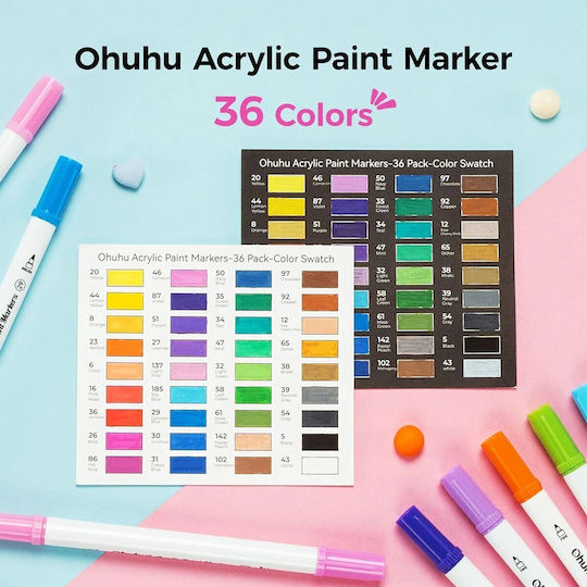 Ohuhu Acrylic Cotton-core Μαρκαδόροι Ζωγραφικής με Διπλή Μύτη, Neon Σετ 36 χρώματα