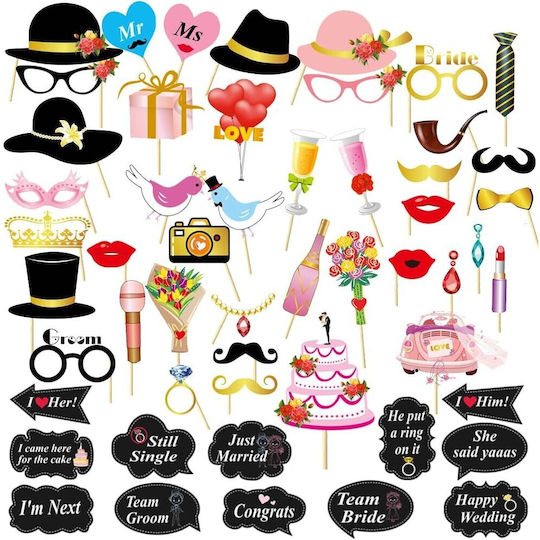 Set 60 Accesorii Petrecere Tematică Nuntă Cabina Foto Colț Ochelari Pălării Mustață Cravată Evenimente Multicolore
