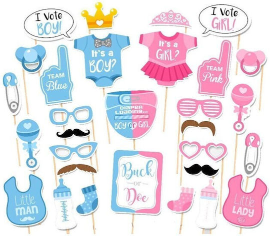 Set 30 Accesorii Pentru Petreceri Flippy Colț Foto Props Temă Baby Shower Dezvăluire Gen Albastru-Roz