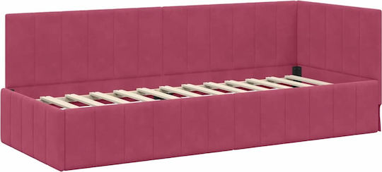 Pat Single Tapitat Cu Catifea Roșie Cu Plăci Și Saltea 80x200cm