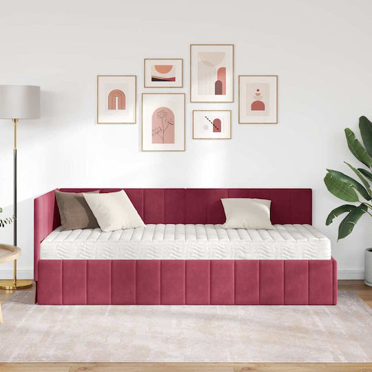 Pat Single Tapitat Cu Catifea Roșie Cu Plăci Și Saltea 80x200cm