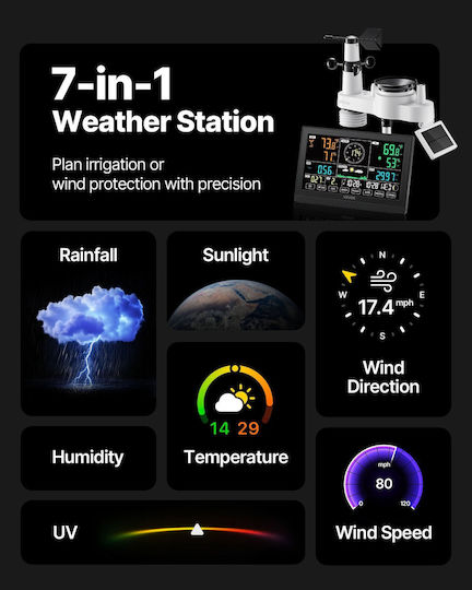 Vevor 7-in-1 Wireless Weather Station Indoor Outdoor Sensor 7.5 In Display