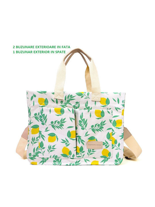 Hand Shoulder Bag Multifunctional Flippy Snap Closure Lemon Print Textile Material 33.5 X 25 X 14.5 Cm White Yellow