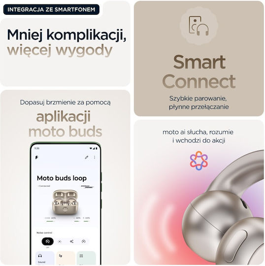 Motorola Moto Buds Loop Bluetooth Handsfree Ακουστικά με Αντοχή στον Ιδρώτα και Θήκη Φόρτισης Μπεζ