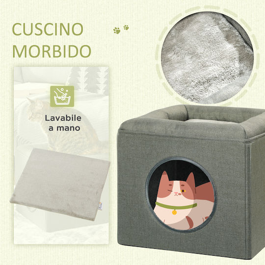 Pawhut Double Level Cat House Cushion Knitted Wood Polyester Plastic 36.5x36.5x33 Cm Green D30-632v00gn