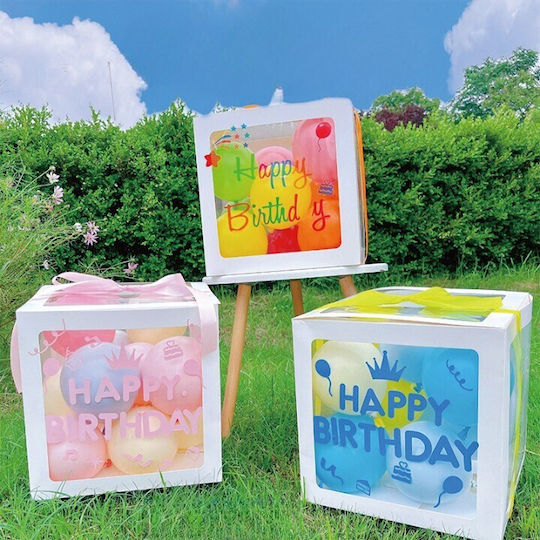 Cutie Balon Flippy Temă De Ziua De Naștere Design Script La Mulți Ani Balonase Albastre Roz Galbene Panglică Inclusă Contur Alb Transparent 30x30 Cm