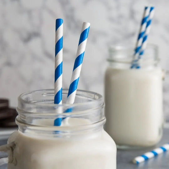 Set 25 Straws Flippy Paper 20 Cm Striped Pattern White Dark Blue