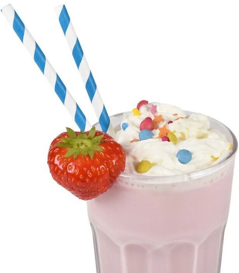 Set 25 Straws Flippy Paper 20 Cm Striped Pattern White Dark Blue