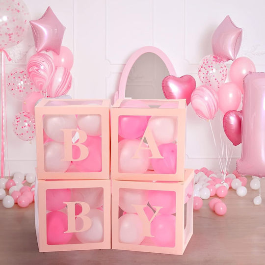 Set 4 Cutii Pentru Baloane Flippy Baby Script Design Temă Dragoste Cuburi Decorative Din Plastic Accesorii Pentru Petreceri 30 X 30 Cm Contur Roz Transparent