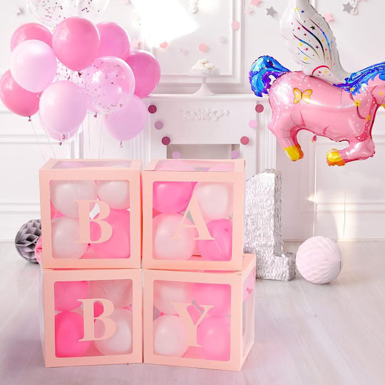Set 4 Cutii Pentru Baloane Flippy Baby Script Design Temă Dragoste Cuburi Decorative Din Plastic Accesorii Pentru Petreceri 30 X 30 Cm Contur Roz Transparent