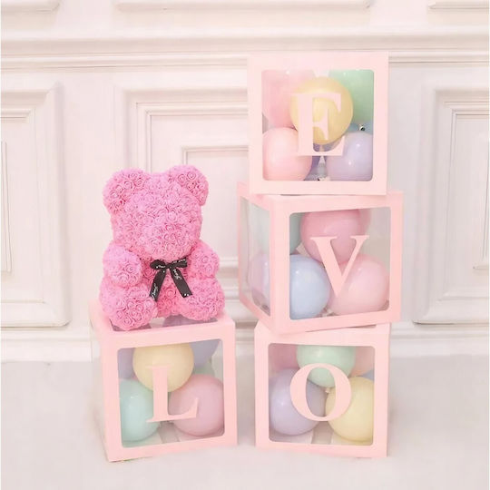 Set 4 Cutii Pentru Baloane Flippy Design Script Love Tematică Love Cuburi Decorative Din Plastic Accesorii Pentru Petreceri 30 X 30 Cm Transparent Contur Roz
