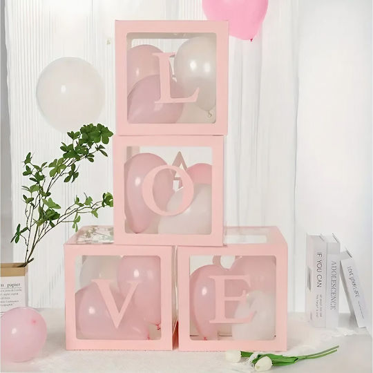 Set 4 Cutii Pentru Baloane Flippy Design Script Love Tematică Love Cuburi Decorative Din Plastic Accesorii Pentru Petreceri 30 X 30 Cm Transparent Contur Roz
