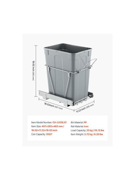 Vevor Coș De Gunoi Pentru Dulap Din Plastic Gri 40.7x28.5x48.3cm