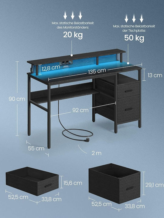 Birou de Calculatoare din Lemn Ebony Negru cu LED și Porturi USB 135x90x55cm