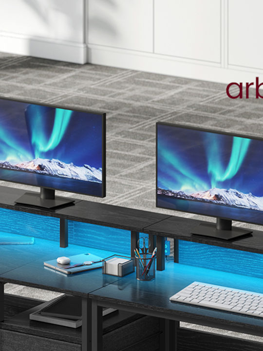 Birou de Calculatoare din Lemn Ebony Negru cu LED și Porturi USB 135x90x55cm