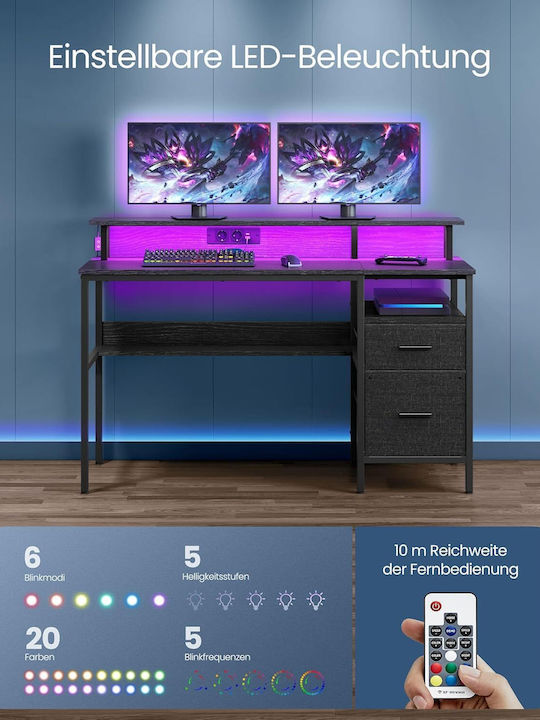 Birou de Calculatoare din Lemn Ebony Negru cu LED și Porturi USB 135x90x55cm