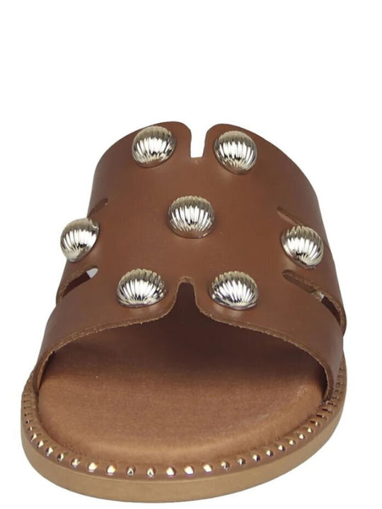 Leather Women's Flat Sandals Anatomic with Strap in Tabac Brown Color