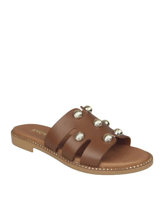 Leather Women's Flat Sandals Anatomic with Strap in Tabac Brown Color