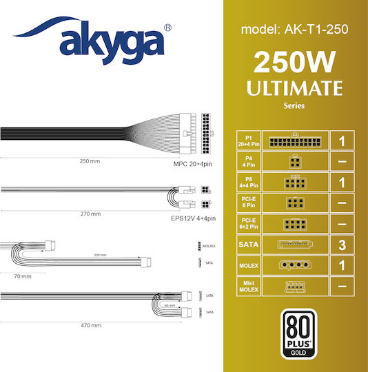 Akyga 250W Gray Computer Power Supply Full Wired (AK-T1-250)