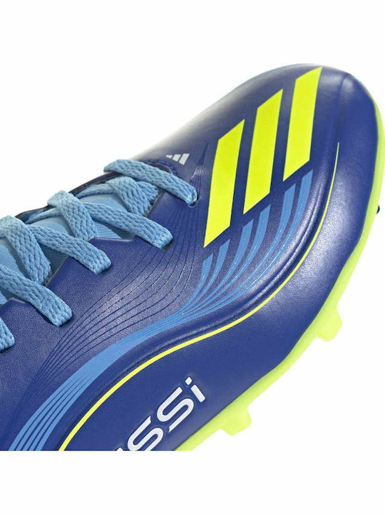 F50 Messi League FG MG Kids Soccer Cleats with Molded Outsole Royal Blue Solar Yellow and Semi Blue Burst