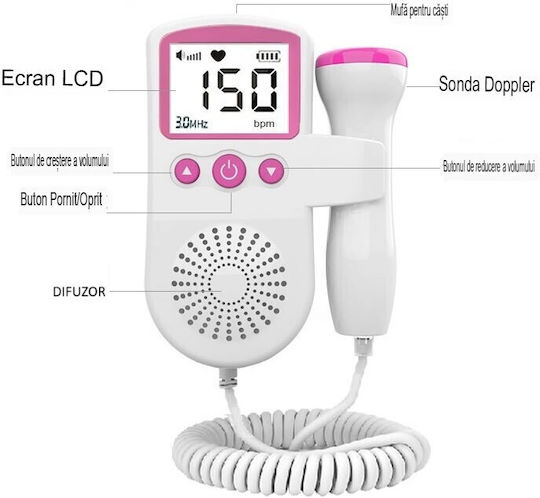 Monitor Doppler Fetal Flippy Monitorizare Sarcină Ritm Cardiac Ecran Lcd 4,5 Cm 2 X Baterii Aa Neincluse Portabil Abs 12,8 X 9,6 X 3 Cm Utilizare De La 9 Săptămâni Roz