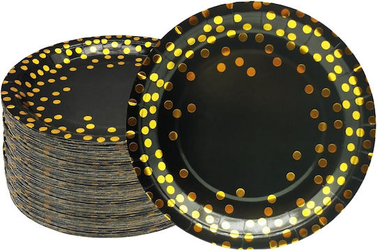 Set 10 Plăci de Unică Folosință Flippy Cu Buline Imprimat Carton 23 Cm Diametru Negru Auriu