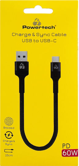 Powertech USB 2.0 Kabel USB Typ-C männlich - USB-A 60W PD Schwarz 0,25m